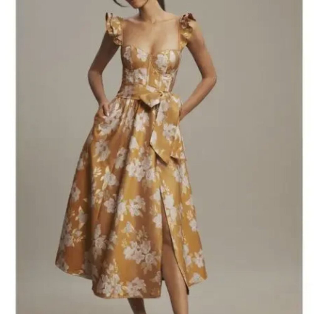 Anthropologie X V. Chapman Vera Ruffle-Strap Corset Side-Slit Midi Dress